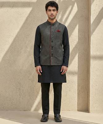 Black embroidered cotton silk nehru jacket 1