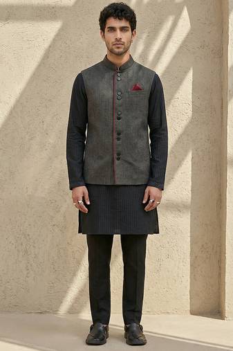 Black embroidered cotton silk nehru jacket