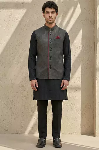 Black embroidered cotton silk nehru jacket
