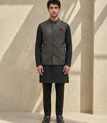 Black embroidered cotton silk nehru jacket