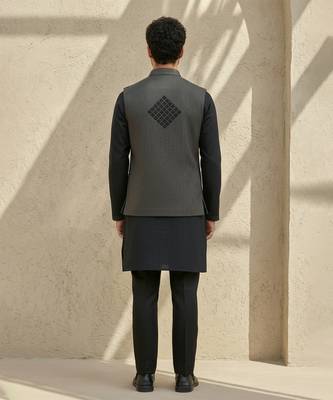 Black embroidered cotton silk nehru jacket 2