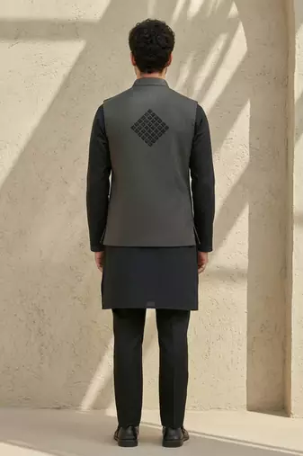 Black embroidered cotton silk nehru jacket