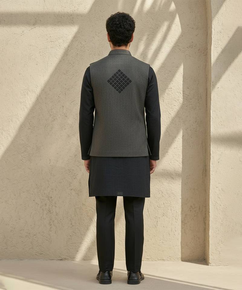 Black embroidered cotton silk nehru jacket