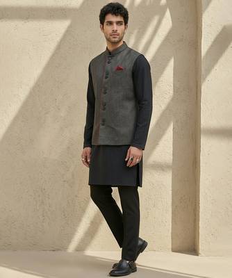 Black embroidered cotton silk nehru jacket 3