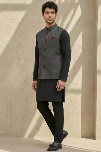 Black embroidered cotton silk nehru jacket
