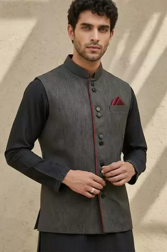 Black embroidered cotton silk nehru jacket