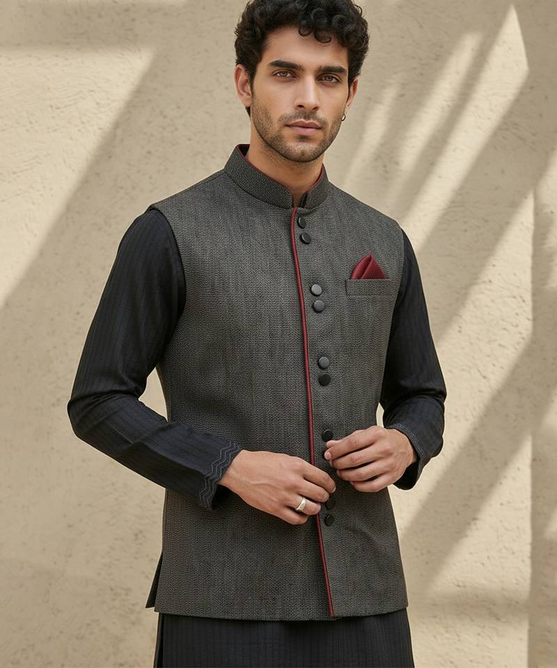 Black embroidered cotton silk nehru jacket