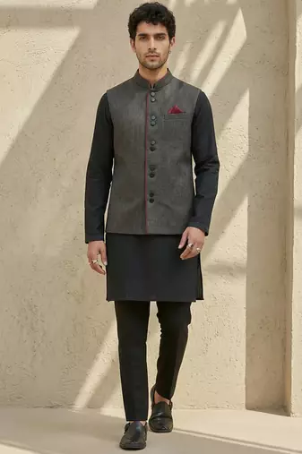 Black embroidered cotton silk nehru jacket