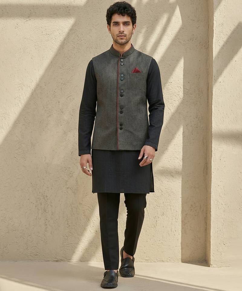 Black embroidered cotton silk nehru jacket