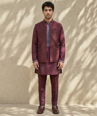 Maroon embroidered wool nehru jacket 1