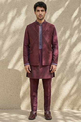 Maroon embroidered wool nehru jacket