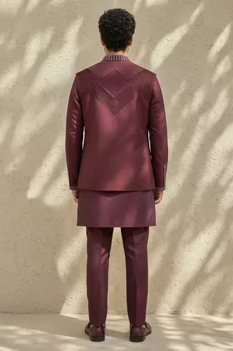 Maroon embroidered wool nehru jacket