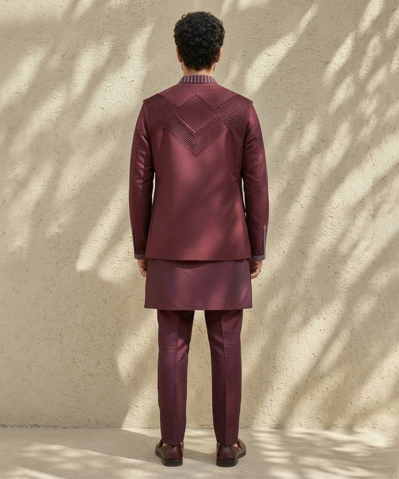 Maroon embroidered wool nehru jacket