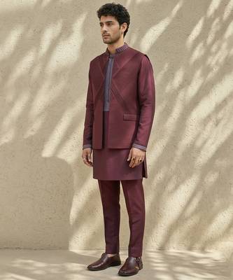 Maroon embroidered wool nehru jacket 3
