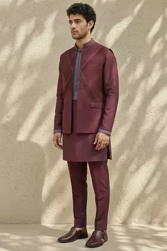 Maroon embroidered wool nehru jacket