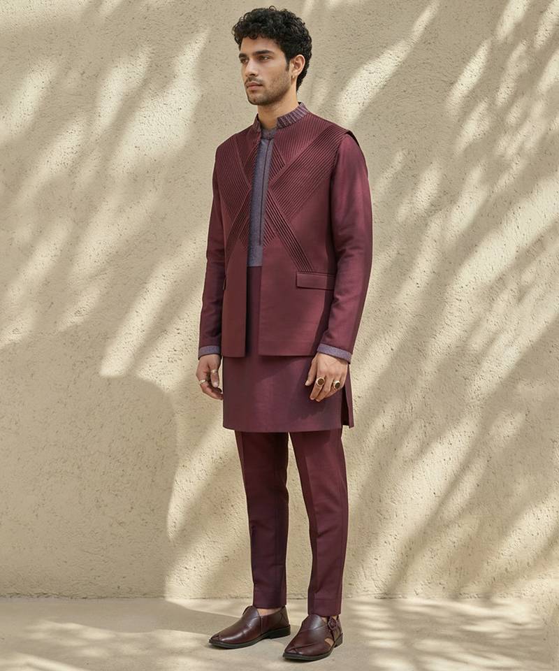 Maroon embroidered wool nehru jacket