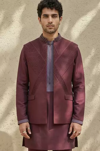 Maroon embroidered wool nehru jacket