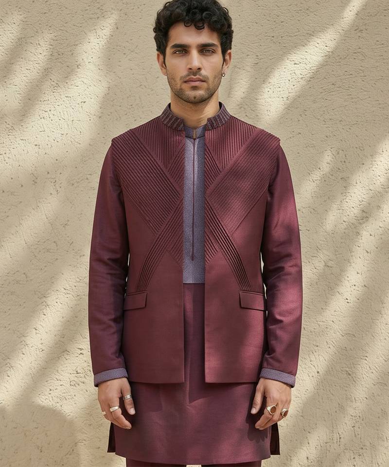 Maroon embroidered wool nehru jacket