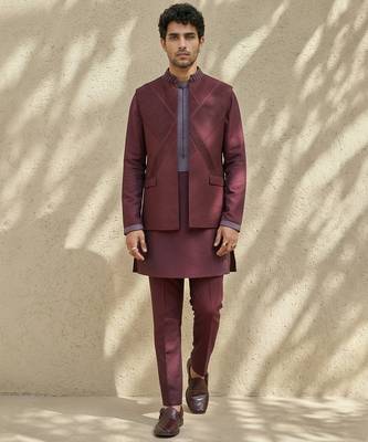 Maroon embroidered wool nehru jacket 5