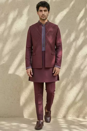 Maroon embroidered wool nehru jacket