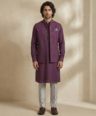 Purple embroidered cotton nehru jacket 1