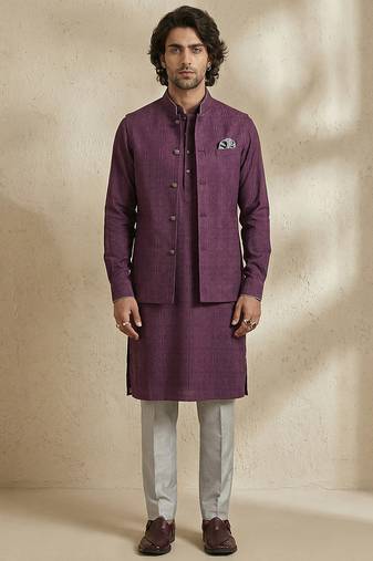 Purple embroidered cotton nehru jacket