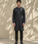 Black embroidered cotton silk kurta set