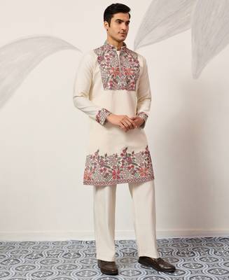 WHITE VISCOSE SILK THREAD & SEQUINS EMBROIDERED WORK FESTIVAL MARRIAGE PARTY WEAR STRAIGHT MENS KURTA WITH PANT 9