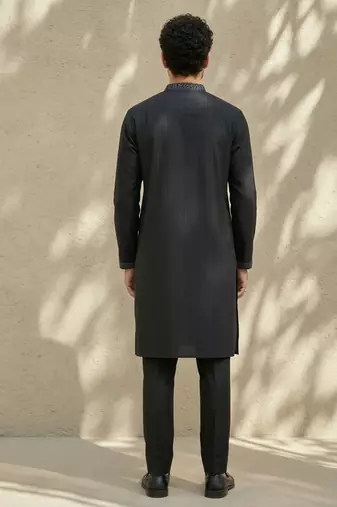 Black embroidered cotton silk kurta set