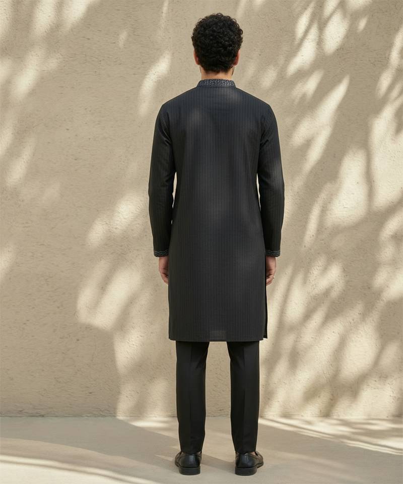 Black embroidered cotton silk kurta set