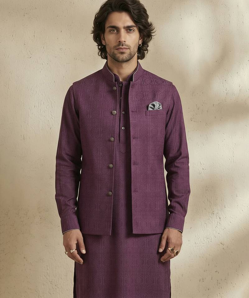 Purple embroidered cotton nehru jacket