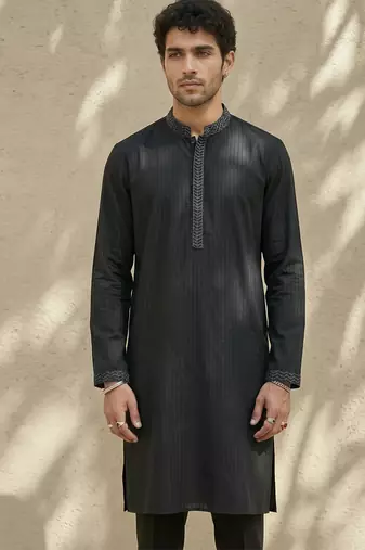 Black embroidered cotton silk kurta set