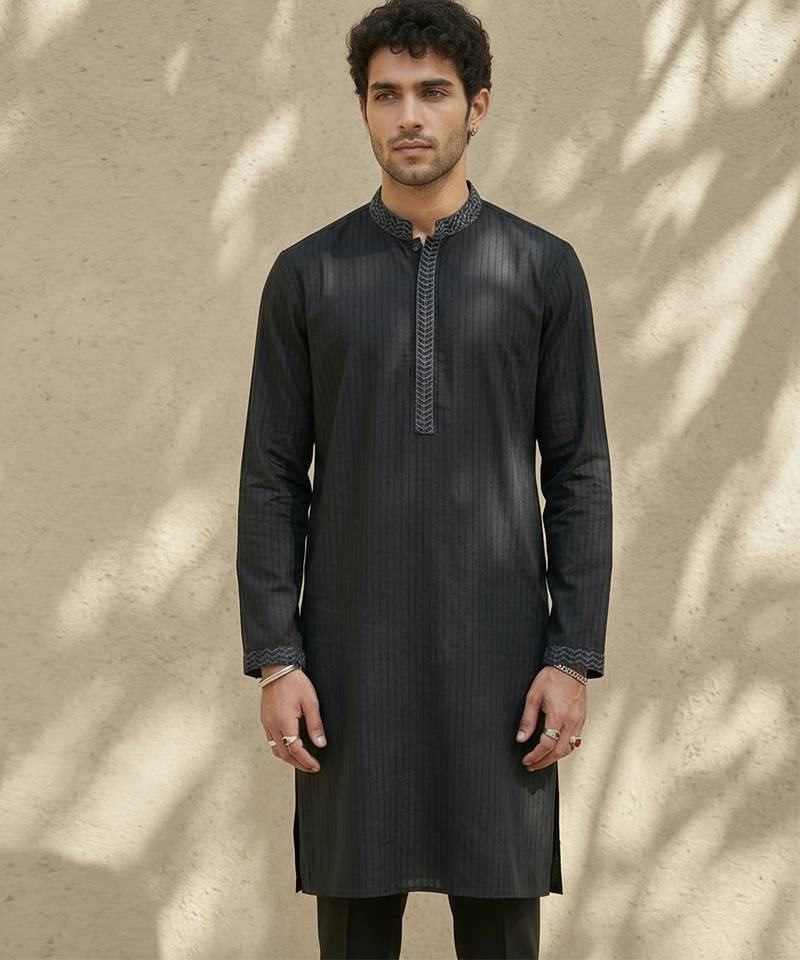 Black embroidered cotton silk kurta set