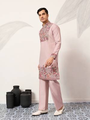 DUSTY PINK VISCOSE SILK THREAD & SEQUINS EMBROIDERED WORK FESTIVAL MARRIAGE PARTY WEAR STRAIGHT MENS KURTA WITH PANT 7