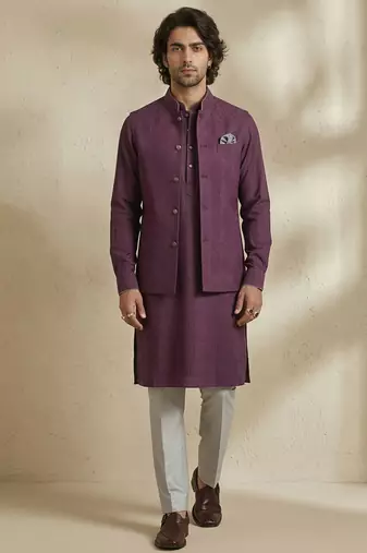Purple embroidered cotton nehru jacket