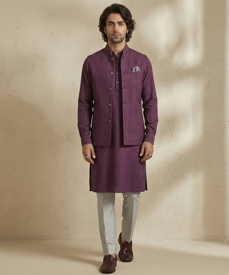 Purple embroidered cotton nehru jacket