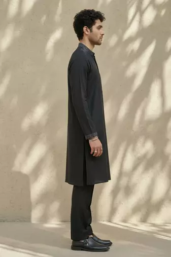 Black embroidered cotton silk kurta set