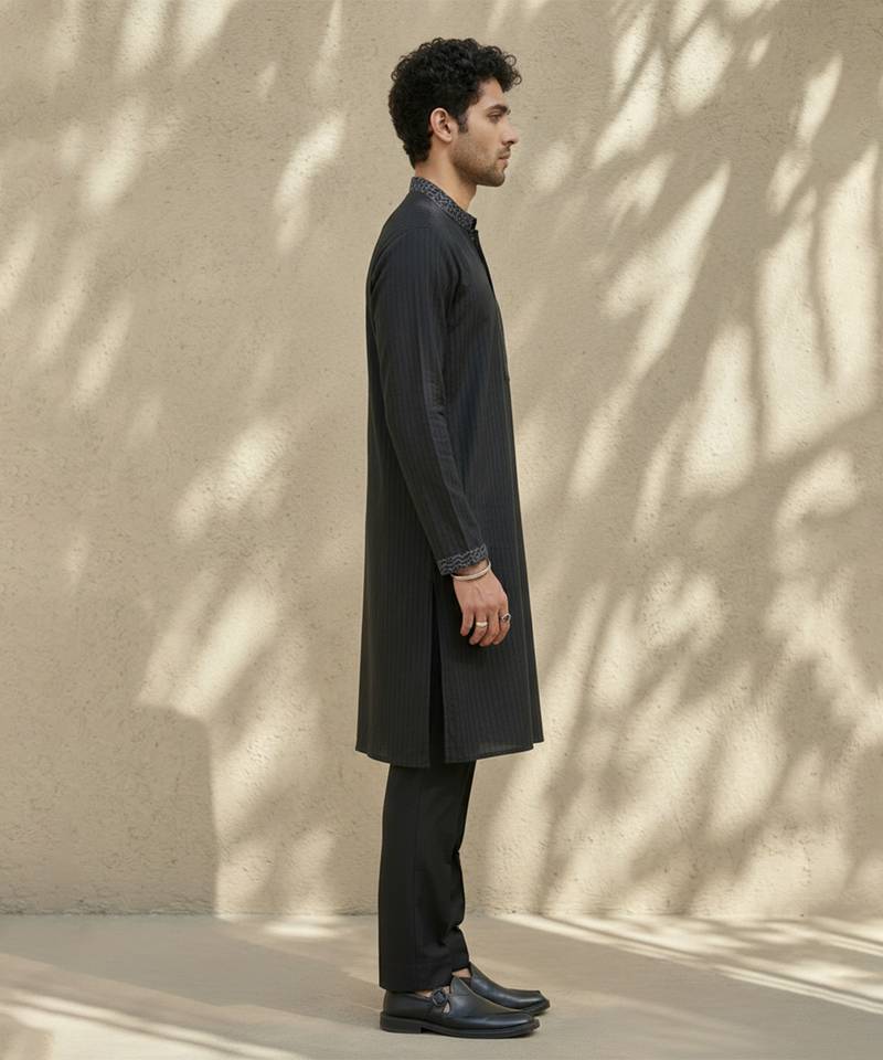 Black embroidered cotton silk kurta set