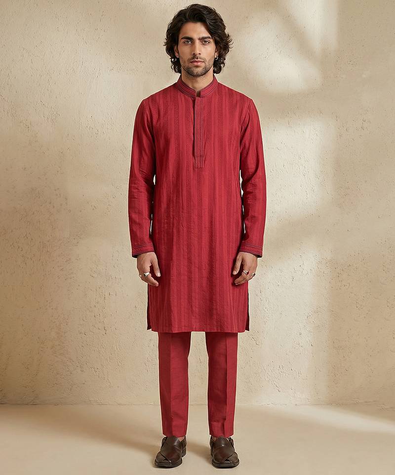Maroon woven cotton kurta set