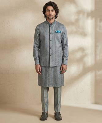 Grey woven silk nehru jacket 1
