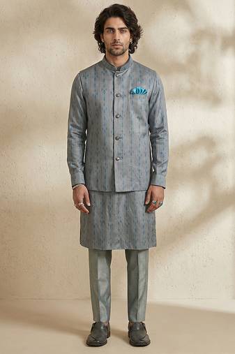 Grey woven silk nehru jacket