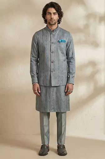 Grey woven silk nehru jacket