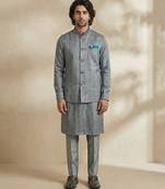 Grey woven silk nehru jacket
