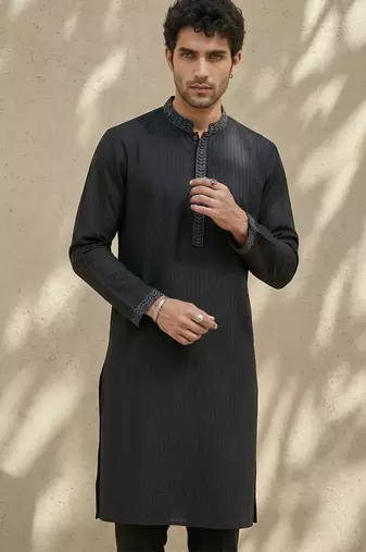 Black embroidered cotton silk kurta set