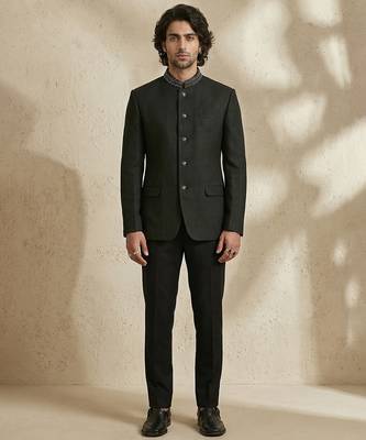 Black woven jacquard bandhgala set 1