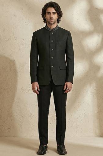 Black woven jacquard bandhgala set