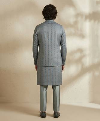 Grey woven silk nehru jacket 2