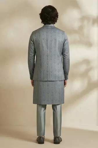 Grey woven silk nehru jacket