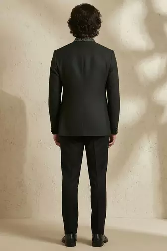 Black woven jacquard bandhgala set
