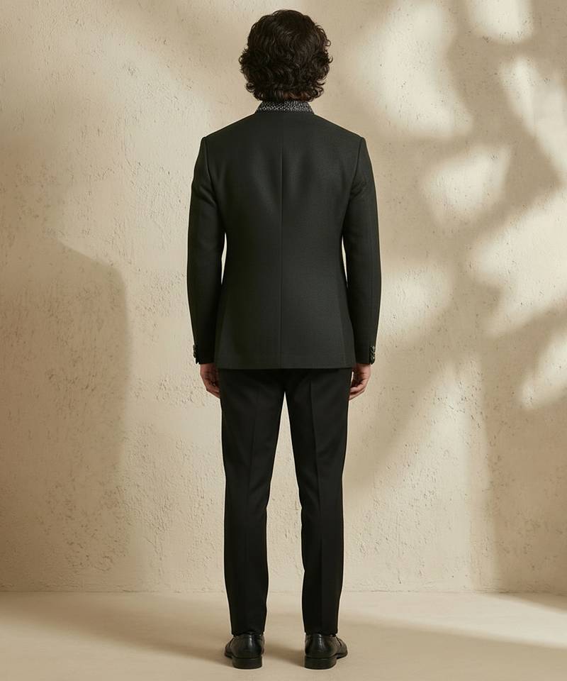 Black woven jacquard bandhgala set